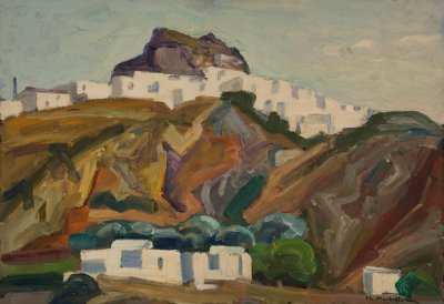 Skyros, The Rock with Houses — Oil painting, Fiberboard, 36.00×51.00cm — Theodoros Markellos